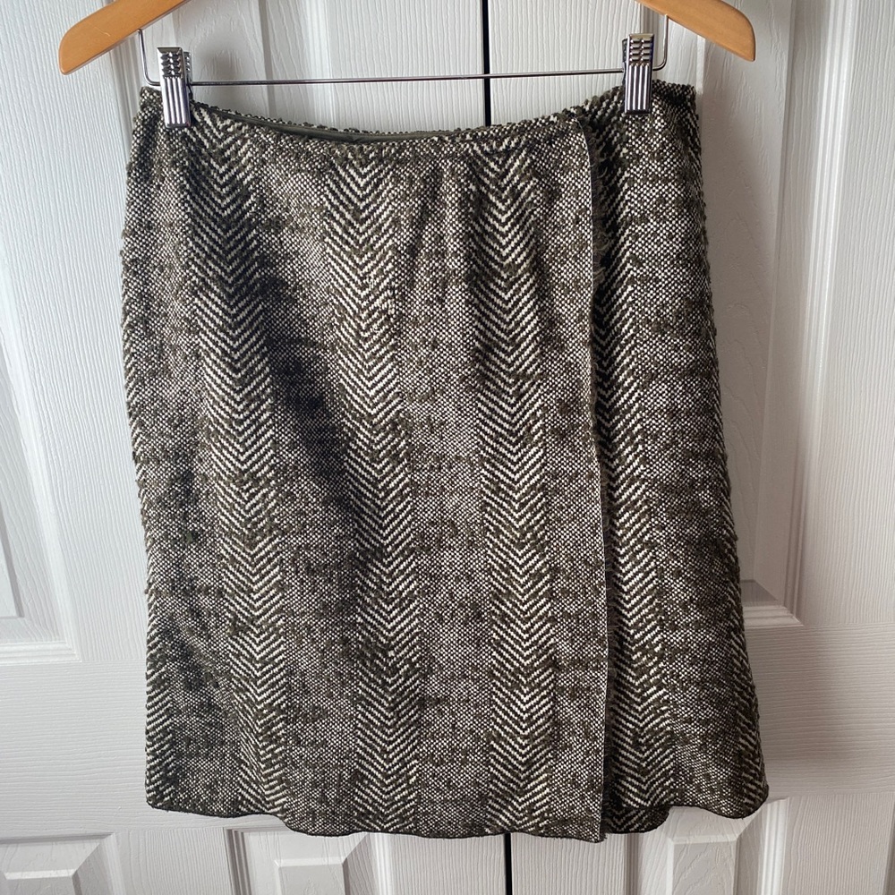 Linda Allard Ellen Tracy Brown Herringbone Tweed Wool Wrap Pencil Skirt SZ 8